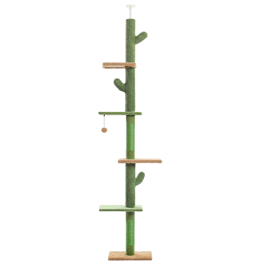 Arbre à chat XL Cactus 230cm Sol au plafond - 5 niveaux, avec griffoir, hamac, boule suspendue