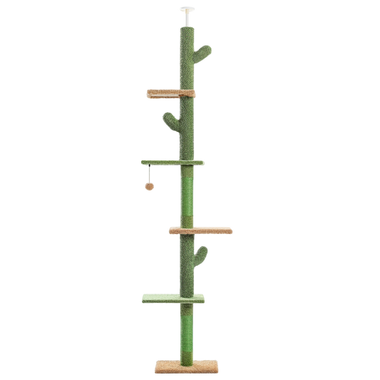 Arbre à chat XL Cactus 230cm Sol au plafond - 5 niveaux, avec griffoir, hamac, boule suspendue