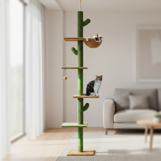 Arbre à chat XL Cactus 230cm Sol au plafond - 5 niveaux, avec griffoir, hamac, boule suspendue