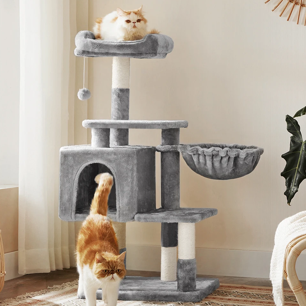 Arbre à chat taille M - Multi-niveaux, cabane, hamac, balle de jeu