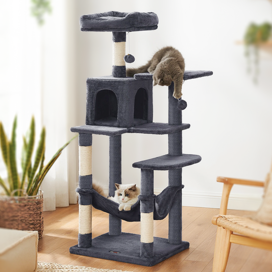 Arbre à chat XL d'intérieur en peluche - Multi-niveaux, 4 griffoirs, 2 perchoirs et cabane