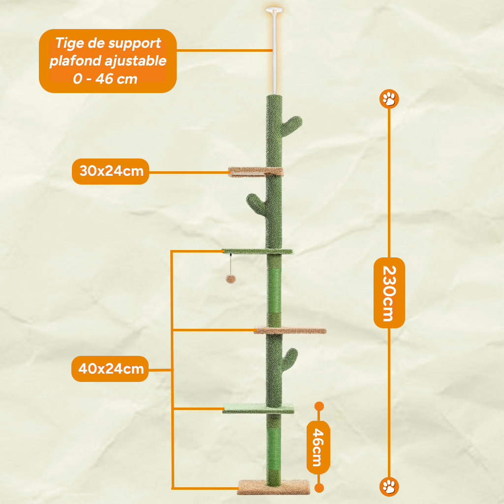 Arbre à chat XL Cactus 230cm Sol au plafond - 5 niveaux, avec griffoir, hamac, boule suspendue