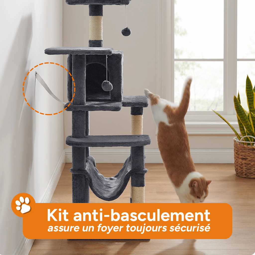 Arbre à chat XL d'intérieur en peluche - Multi-niveaux, 4 griffoirs, 2 perchoirs et cabane