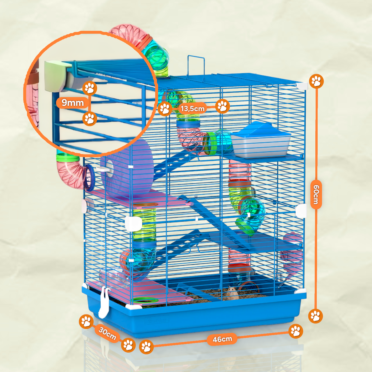 Cage à hamster taille XL - Avec tunnel, roue, abreuvoir