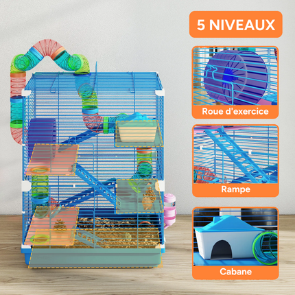 Cage à hamster taille XL - Avec tunnel, roue, abreuvoir