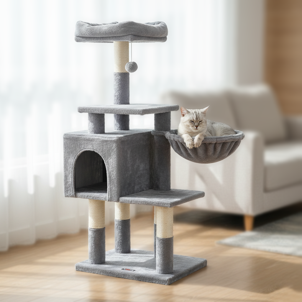 Arbre à chat taille M - Multi-niveaux, cabane, hamac, balle de jeu