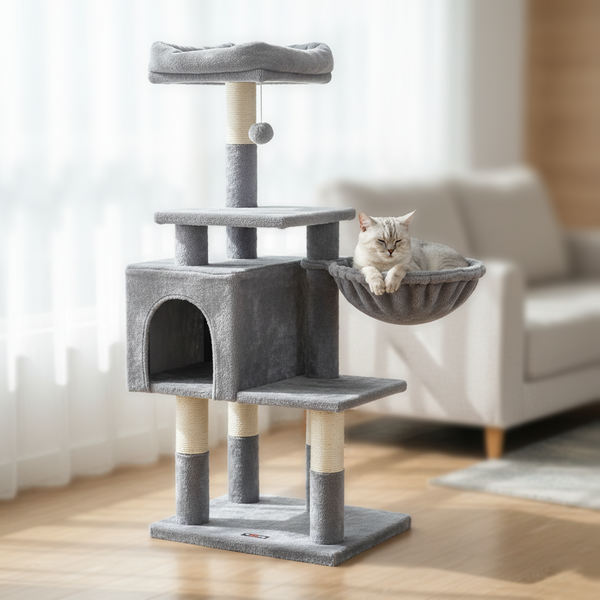 Arbre à chat taille M - Multi-niveaux, cabane, hamac, balle de jeu