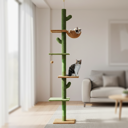 Arbre à chat XL Cactus 230cm Sol au plafond - 5 niveaux, avec griffoir, hamac, boule suspendue