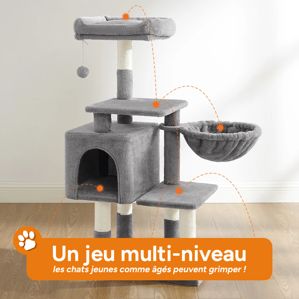 Arbre à chat taille M - Multi-niveaux, cabane, hamac, balle de jeu